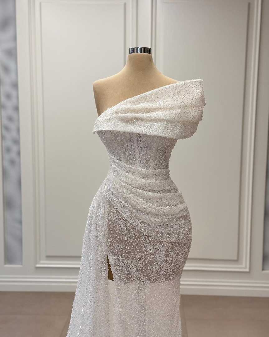 Classic Mermaid Dresses For Women One Shoulder Sleeveless Gown Sequins Sweep Train Split Side Customized Dress Party
