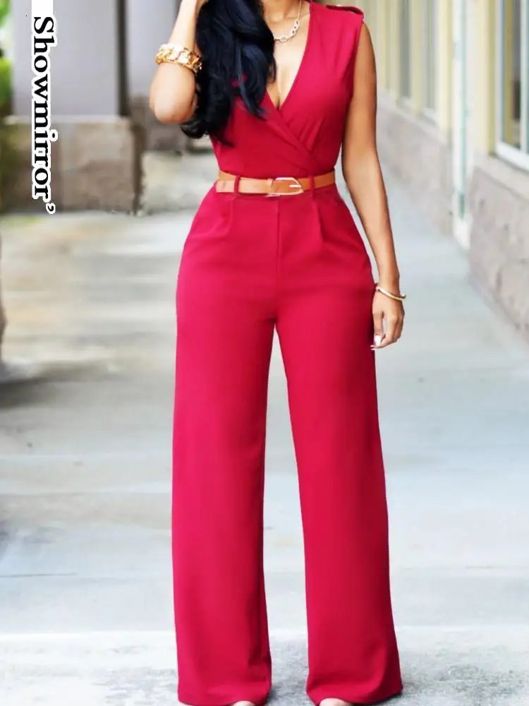 Womens long sportswear Vneck elegant outfit party club slim waist wide leg jumpsuit 241209