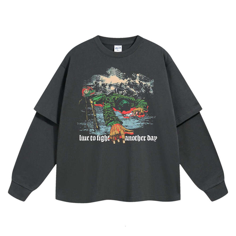 2024 Autumn/Winter New Trendy Brand Men's 305G Fake Two Piece Splicing White Ink Digital Direct Spray Printed Long Sleeve Base for Men