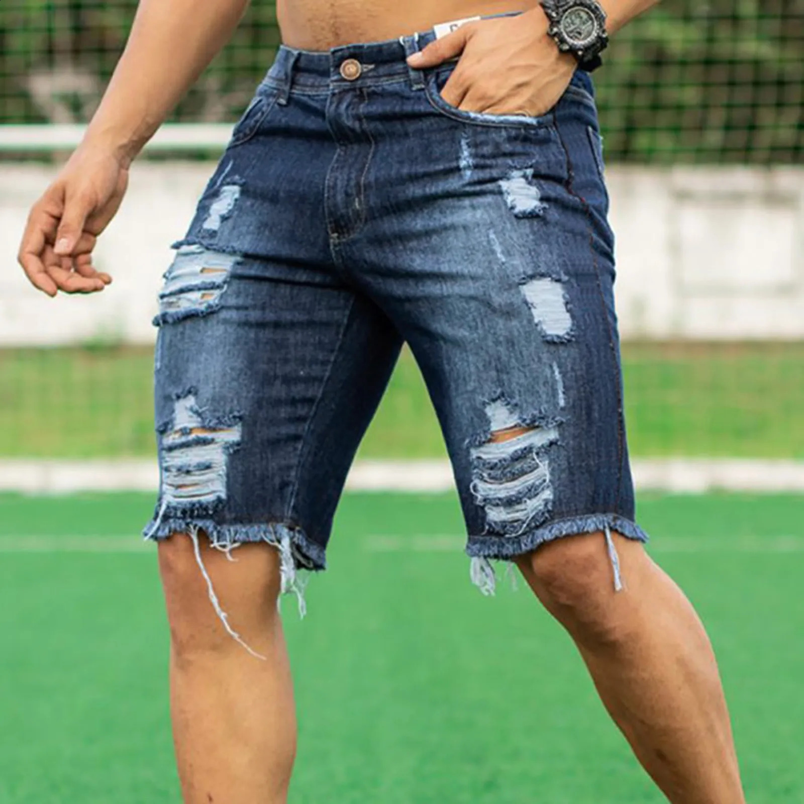 Mens Fashion Ripped Jeans Shorts Summer Casual Denim Shorts Mens Pocket Sports Summer Bodybuilding Denim Short Pants Jeans 241210