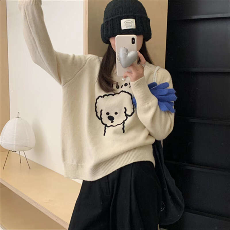 Gentle style cartoon little dog sweater for female students, 2023 autumn and winter new style, loose round neck, single wear, inner knit top