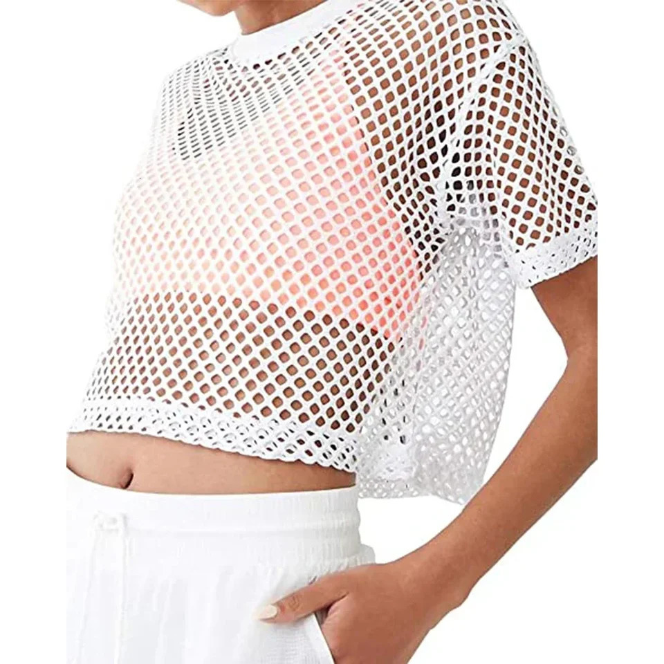 Womens Tshirt sexy fishnet vest crop top casual shirt summer street basic transparent hollow 241209