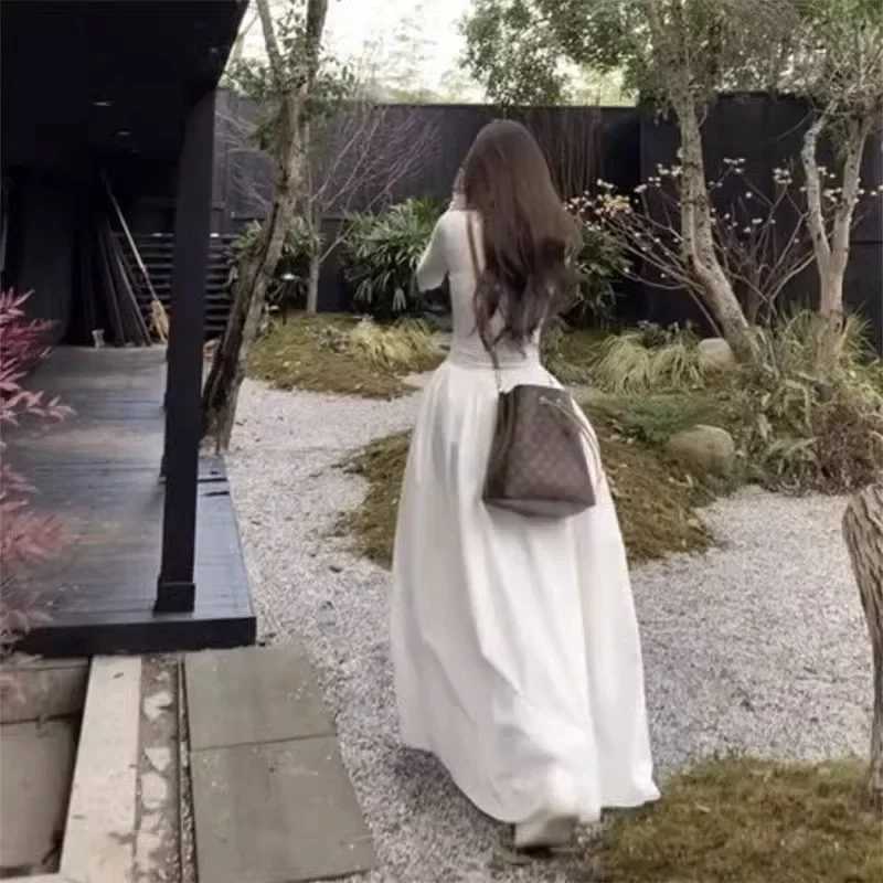 French style white square collar long Sve womens spring and autumn Ele weight loss Ele Fling waist suitable ankle dress W241210