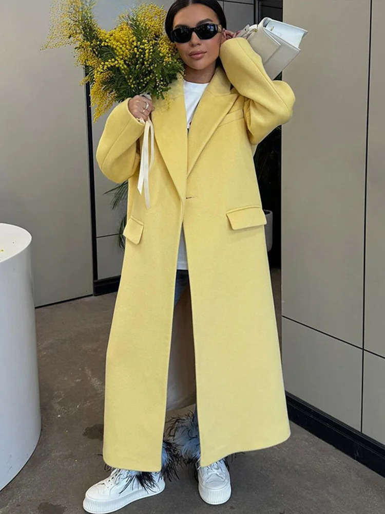 Fashion Yellow Woolen Coats For Women Loose Lapel Long Sleeve One Button Solid Coat Autumn Winter Elegant Streetwear
