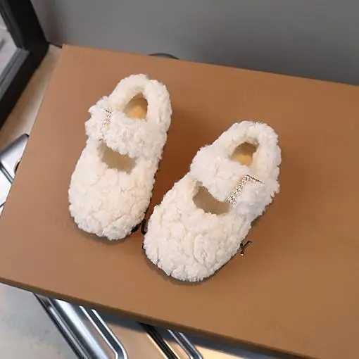 Fashion Rhinestone Buckle Flats 2024 Winter New Children Fur Cover Toe Light Warm Kids Casual Shoe Plush Non-slip Mary Jane ShoeXJ241209