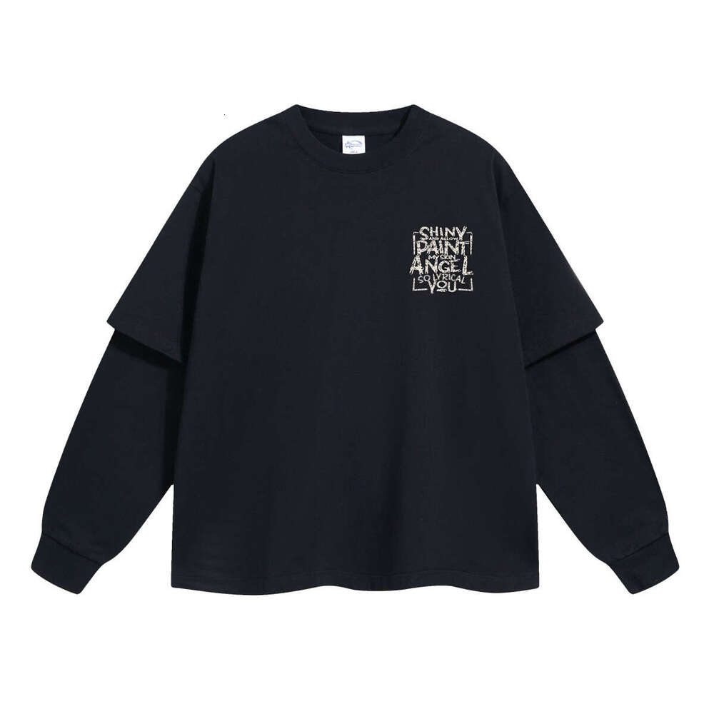 2024 Autumn New Product Oversize Printed 305g Fake Two Piece Splicing Long Sleeve T-shirt Men's Street Trendy American Round Neck T