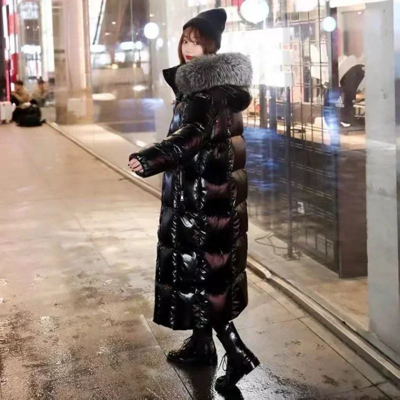 Womens Cotton Jacket Long Black Bright Face Thick True Wool Collar 241209