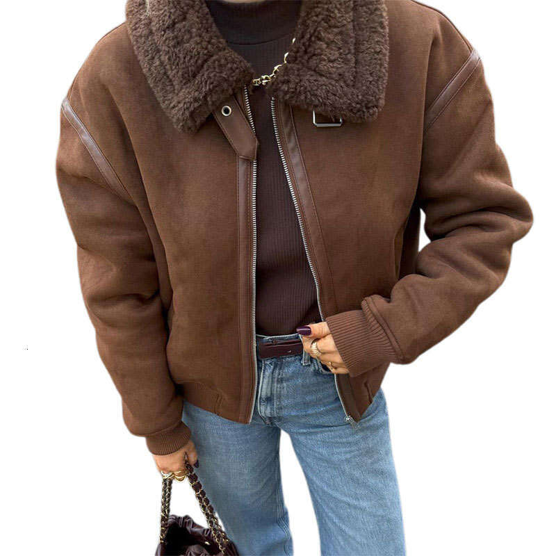 Vintage Coffee Lamb Wool Lapel Jackets For Women Chic Zipper Long Sleeved Thicken Warm Coats New Female Winter Streetwear