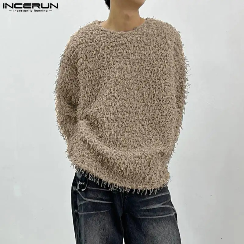 Men Sweaters Solid Color Knitted Oneck Long Sleeve Fashion Pullovers Tassel Streetwear Casual Clothing S5XL INCERUN 241209