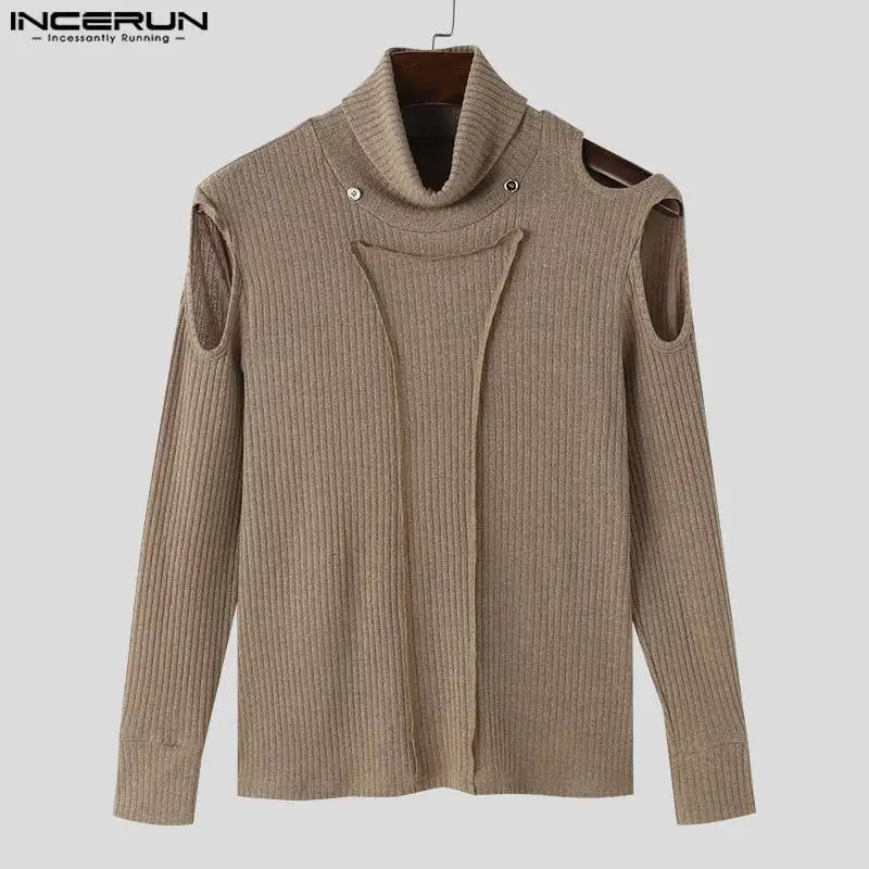 INCERUN Men Sweaters Solid Color Knitted Hollow Out Turtleneck Long Sleeve Pullovers Streetwear Fashion Casual Clothing 241209