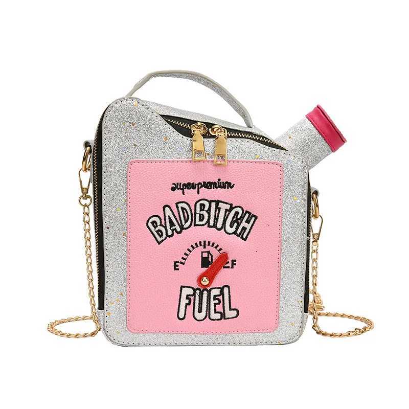 New Arrival Fashion Personality Laser Sequin Embroidery Letter Oil Pot Bag Creativity Funny Chain Shoulder Bag Women Cute Messenger Bag T250227