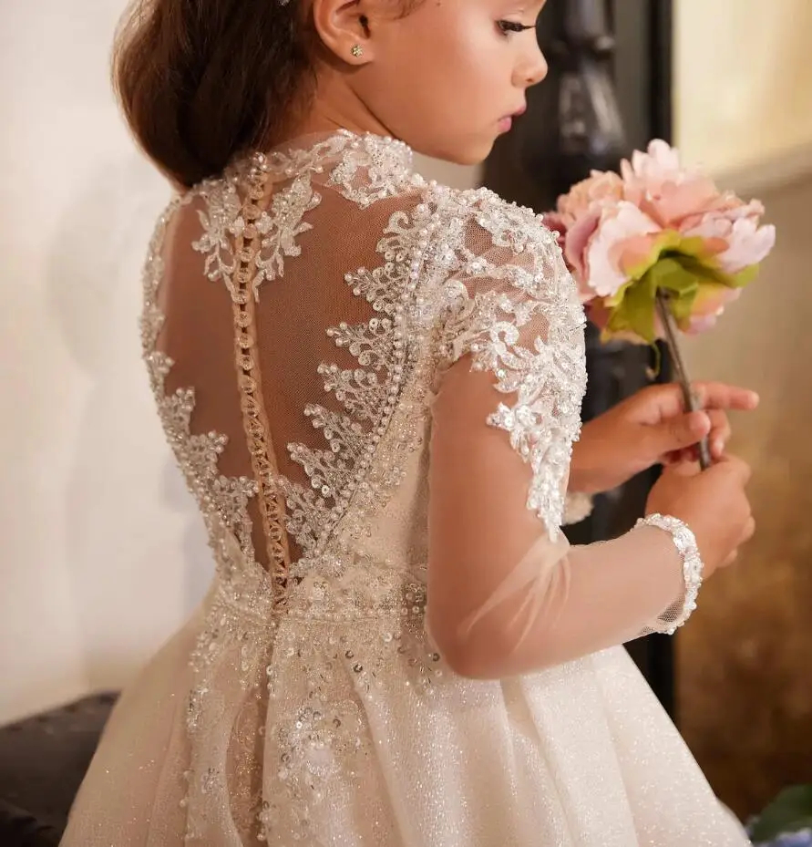 Lace Apliques wer Girls Dresses Long Sleeves Childrens First Communion Pageant Princess Wedding Party Dress Kids Formal wear Court Train