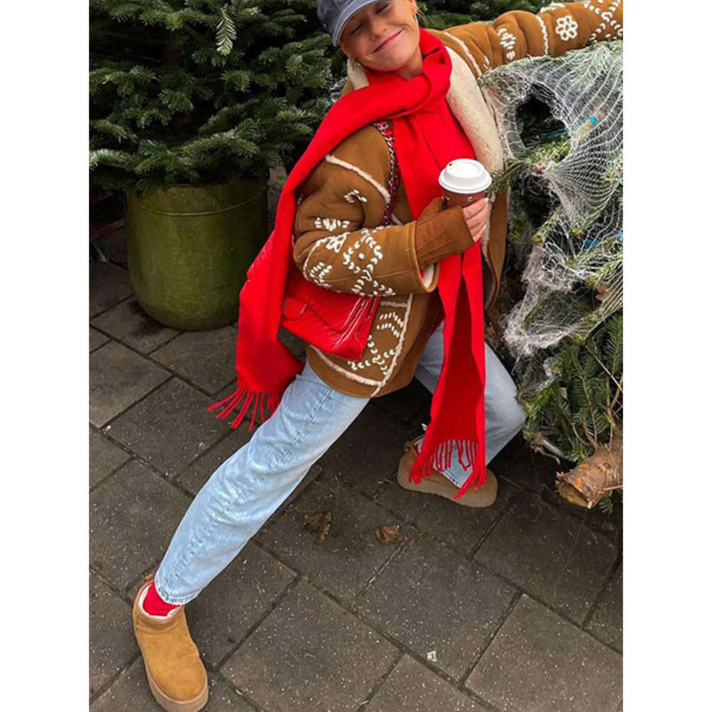 Lamb Wool Printed Cashmere Coat Plush Warm Jacket Lapel Long Sleeved Vintage Trend Classical Pattern Women Fur Overcoat Winter