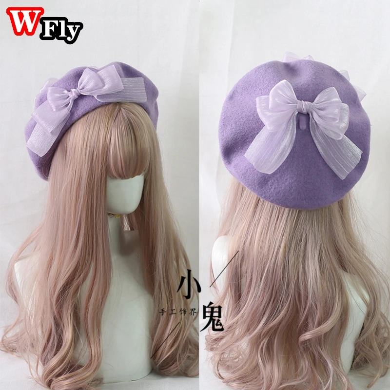 Japanese Harajuku Womens Lace Bow Beret Sweet Lolita Wool Beret Beanie Artist Hat Womens Winter Warm Hat 241209