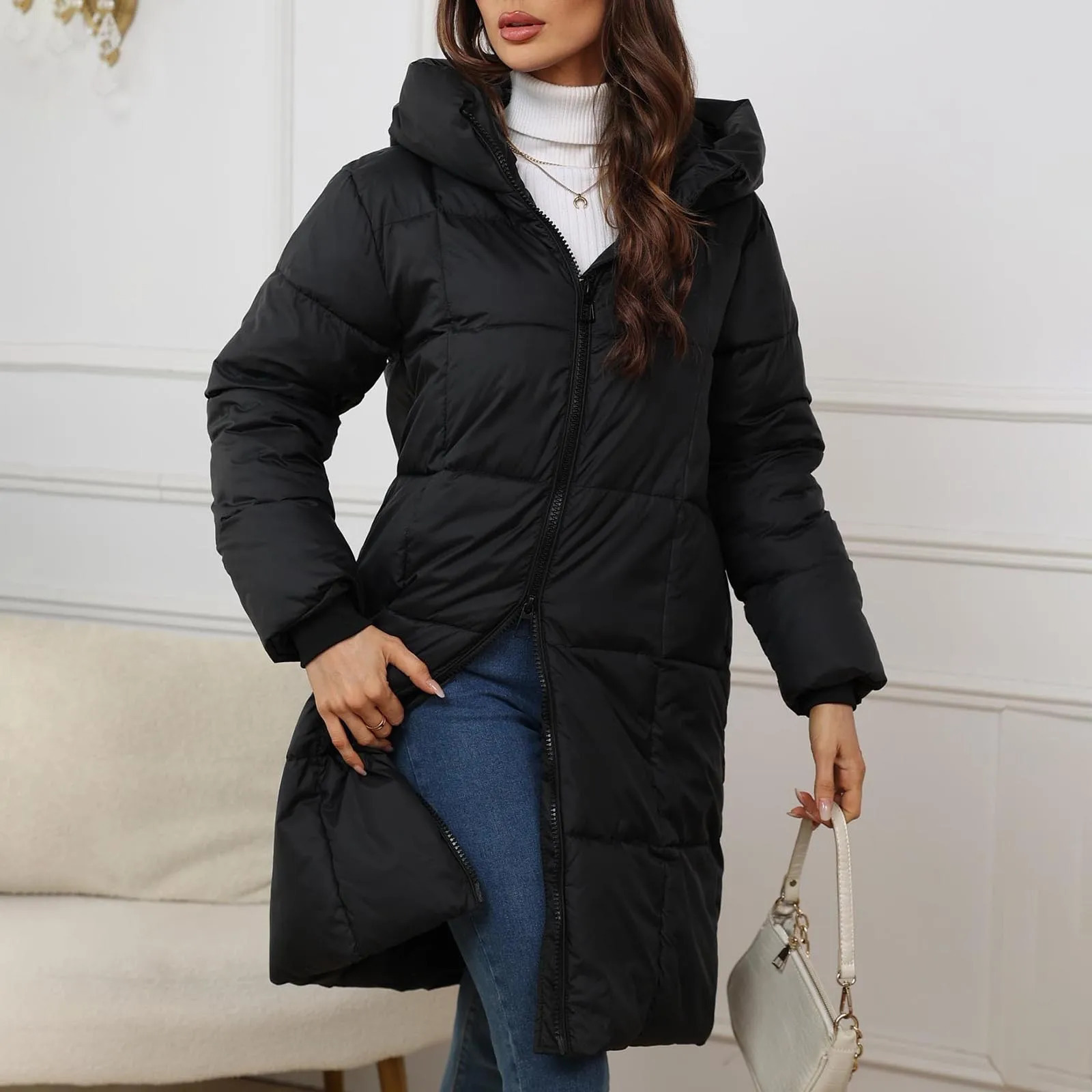 2024 Winter Womens Medium length Hooded Down Jacket Thickened Fashion Pure Cotton Coat Multi functional 241209