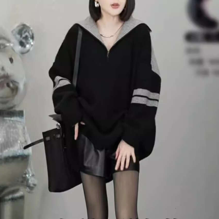 Polo collar striped sweater for women in winter, loose and lazy style design, zipper knit sweater, trendy women's top