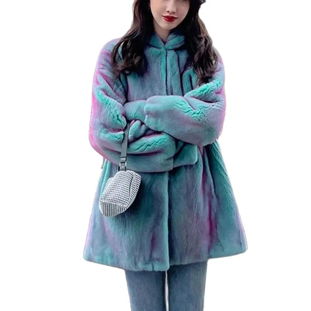Online celebrity explosion faux fur fashion hooded coat temperature womens winter goddess casual color loose mink coat 241202
