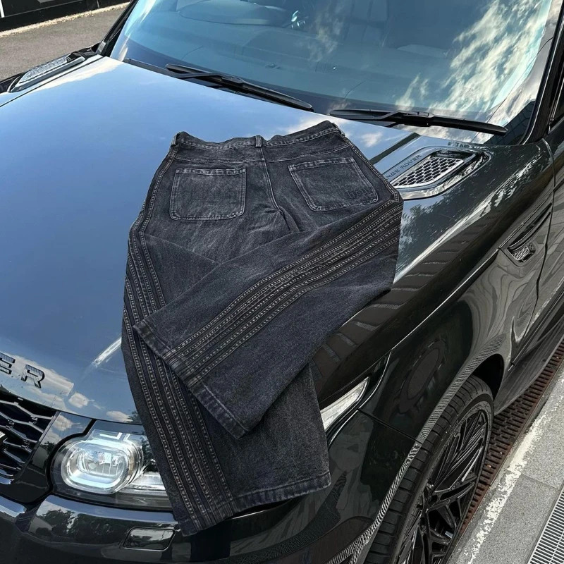 Patch Embroidery Baggy For Clothing Street Hip Hop Vintage Black Men Casual Wide Leg Pants Mens Jeans