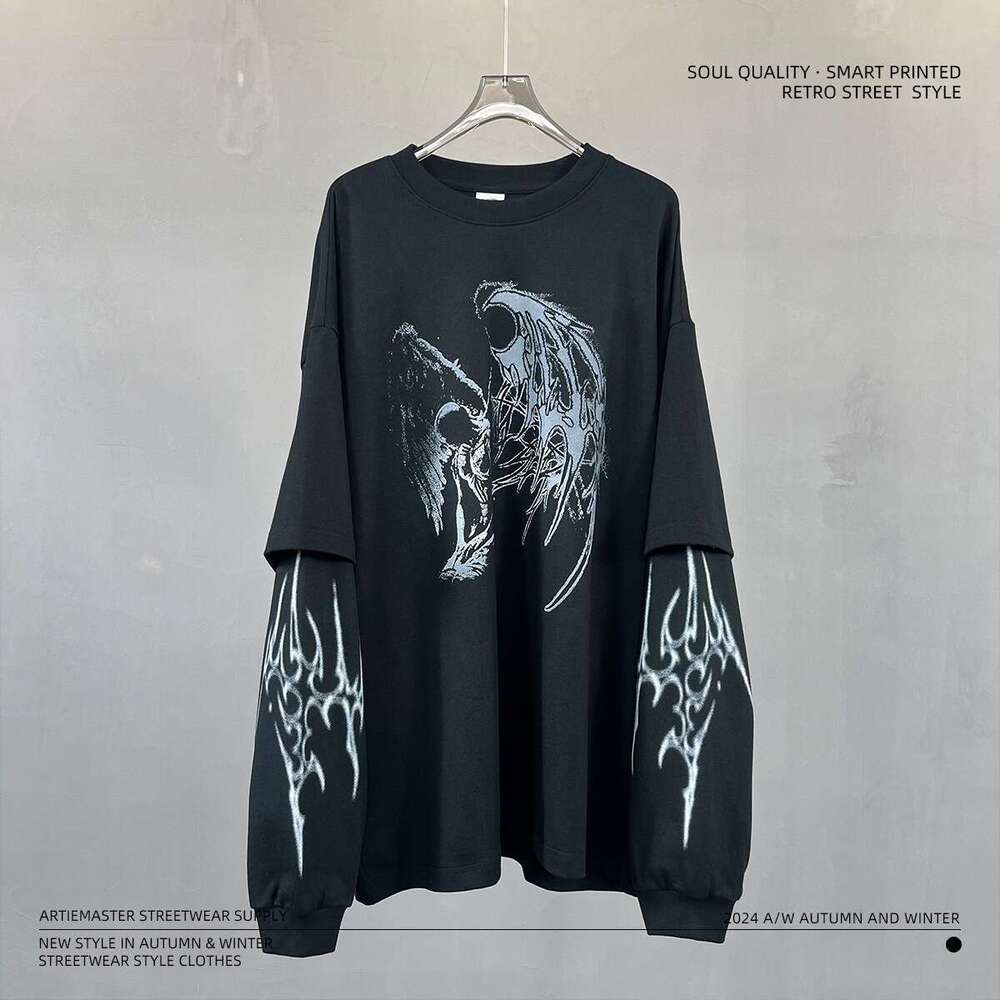 2024 Autumn New Trendy Brand Fake Two piece Long sleeved T-shirt Men's Loose Printed Bottom Shirt