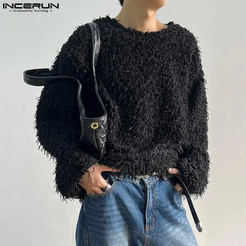 Men Sweaters Solid Color Knitted Oneck Long Sleeve Fashion Pullovers Tassel Streetwear Casual Clothing S5XL INCERUN 241209