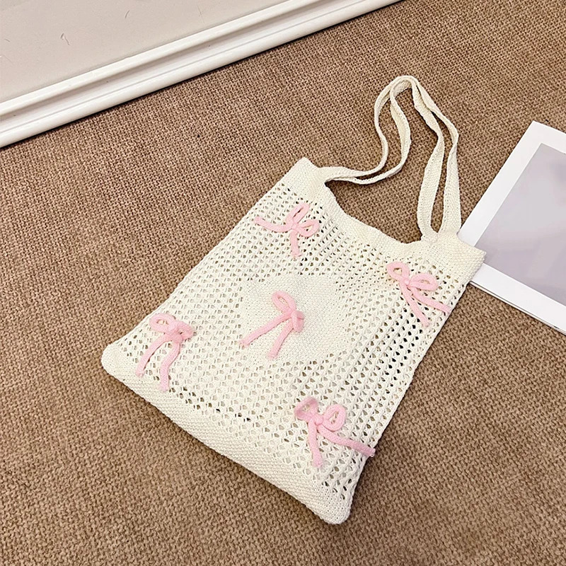 Womens knitted shoulder bag large capacity crochet beach shopping handbag hollow womens homeless bag outdoor travel handbag 241205