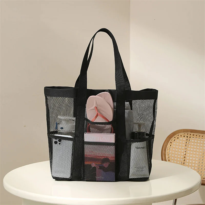 Large Capacity Mesh Beach Bag Foldable Breathable Tote For Swimming Travel Grocery One Shoulder Handheld Wash 2024 241203