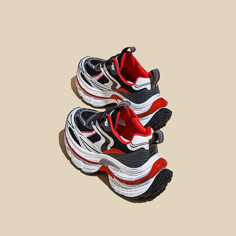 Women Sports Shoes:Paris Vintage Chunky Shoes Trendy Thick Sole Increase Height Popular Athleisure Running Shoes,White/Silver/Red,Free shipping