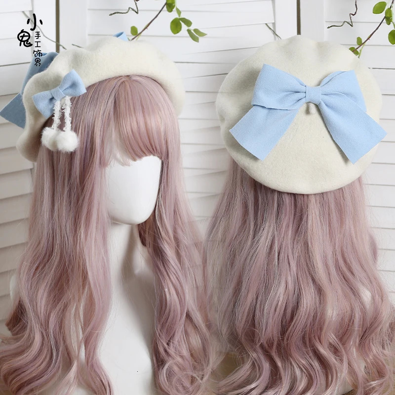Japanese Berberis Lolita Girl Sweetheart Wool Female Solid Color pom Bow Warm Paint Hat for Autumn and Winter 241209