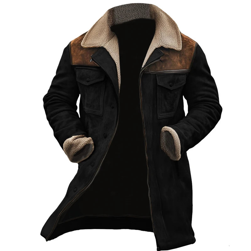 Classic Patchwork Lapel Wool Long Coats Men Vintage Turndown Collar Buttoned Jacket Coat For Mens Winter Casual Loose Outerwear 241209