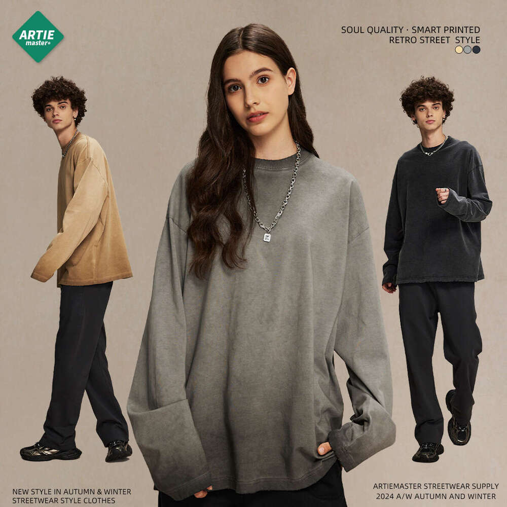 2024 autumn 275g reverse bottom stir fried color street fashion brand wash water t-shirt for men ins dirty dye waste soil retro long sleeved shirt