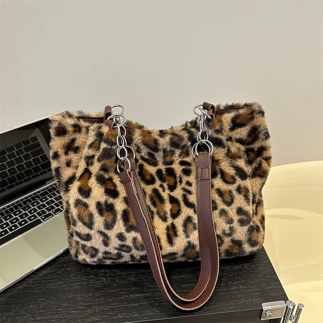 National Style Simple Women Leopard Tote Lady Fluffy Shoulder Chain Large Capacity Commuter Handle Bag Faux Suede