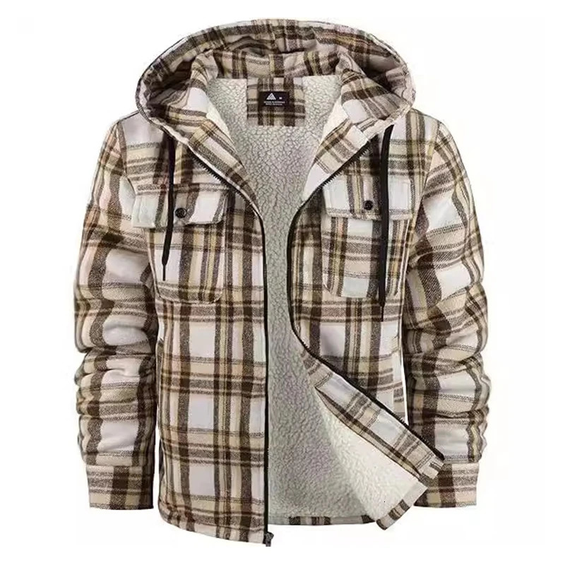 Fall Winter Mens Warm Outerwear Fleece Lining Flannel Plaid Coats For Men Stylish Long Sleeve Zipper Hooded Jacket Coat 241209