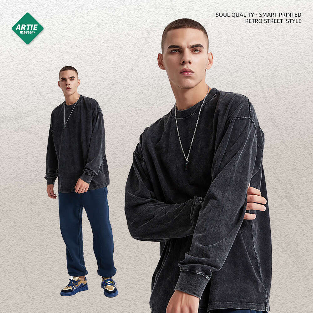 Trendy brand new wax printed 250G long sleeved in 10 colors autumn winter solid color washed and worn men's T-shirt