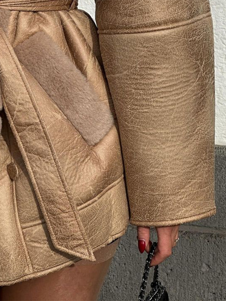 Vintage Women's Faux Leather Jackets With Belt Loose Lapel Pocket Long Sleeve Female Thick Coat Winter Lady Warm Overcoat