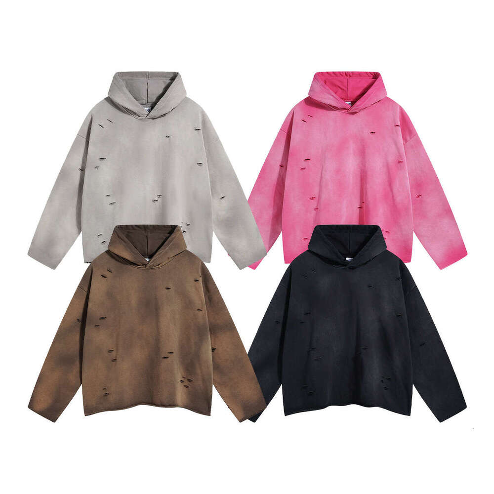 2024 autumn winter new product irregular hole rough edge old washing water spray horse chesut 450g looped men's and women's hooded sweatshir