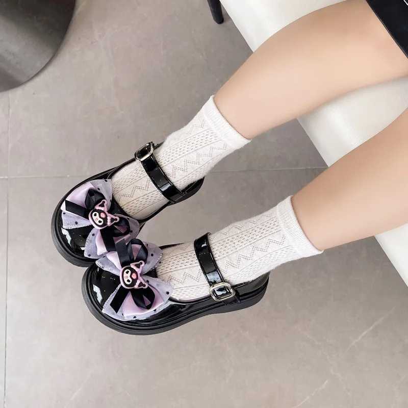 Girls Fashion Kuromi Leather Shoes Bow Childrens Princess Shoes Baby Kids Soft Soled Single Shoes Flat ShoesXJ241209