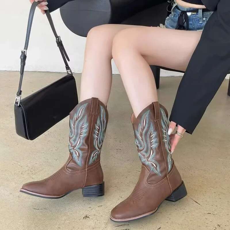 2024 New Leather Western Mid Calf Embroider Women square toe knight boots Block Heels Autumn Winter Ankle Boots Ladies D51