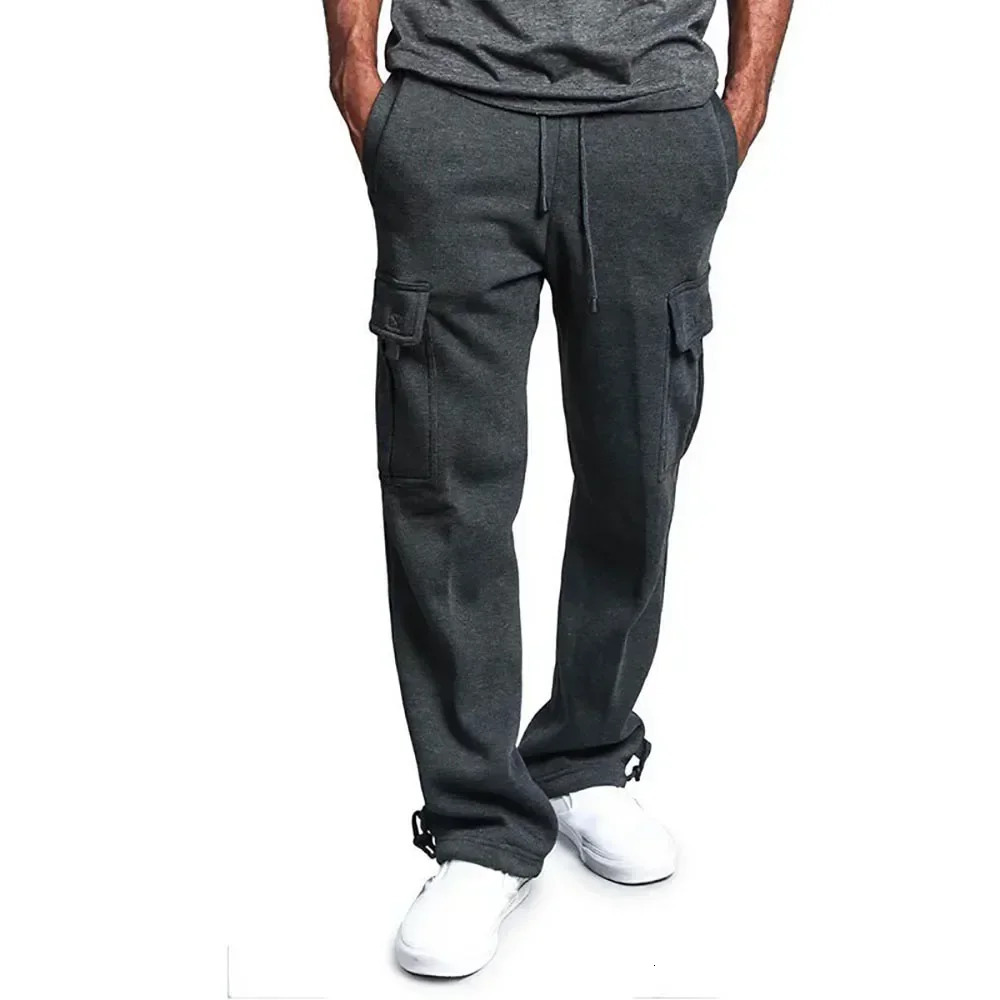 Mens Fleece Cargo Pants Loose Drawstring Sweatpants with Pockets Sports Straight Trousers Jogging Long Pants Hip Hop Streetwear 241209