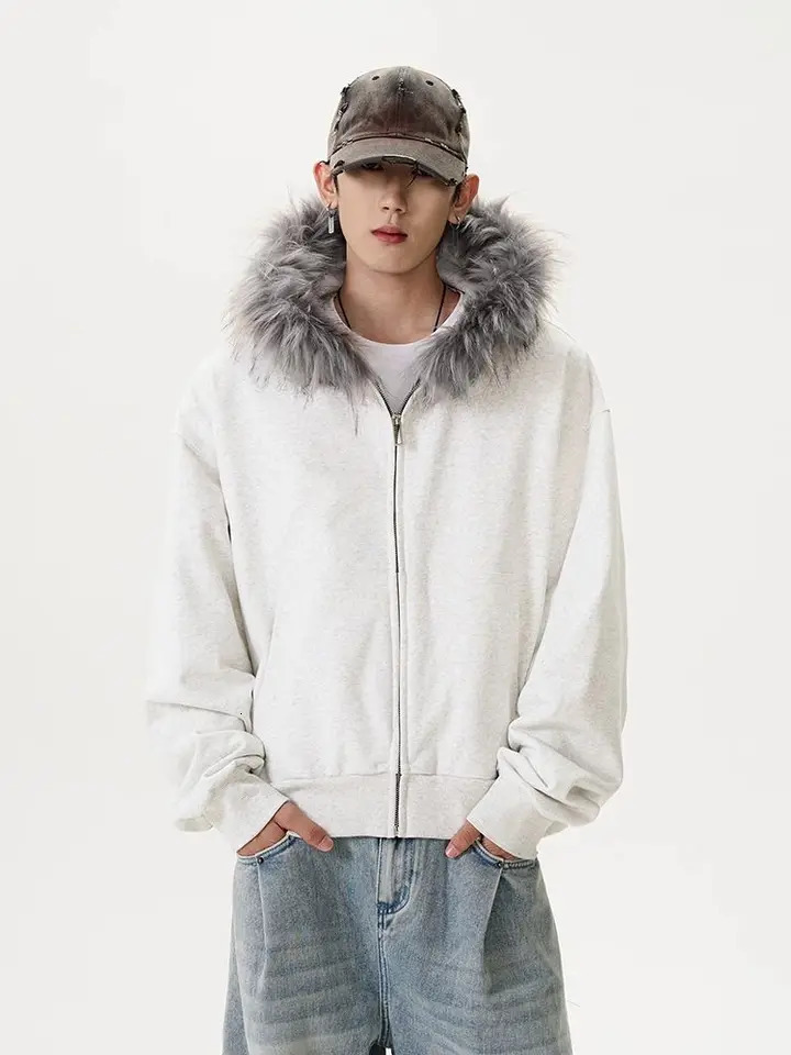 Autumn and winter vintage fur collar hoodie Y2K casual trend zipper hoodie mens street hip-hop gothic punk Harajuku loose sportswear 241209 - view 3