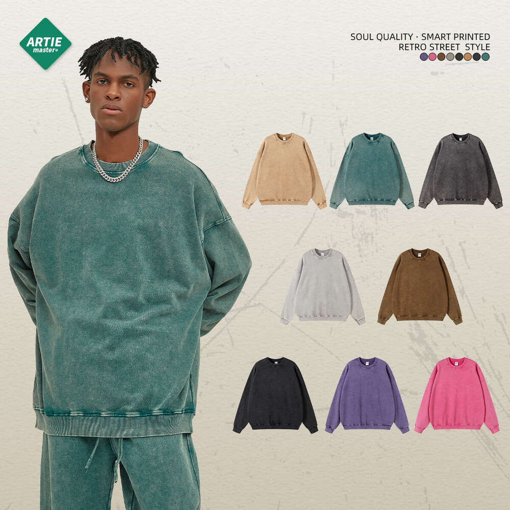 Wax print heavyweight 420g round neck trendy brand solid color washed vintage men's sweatshirt