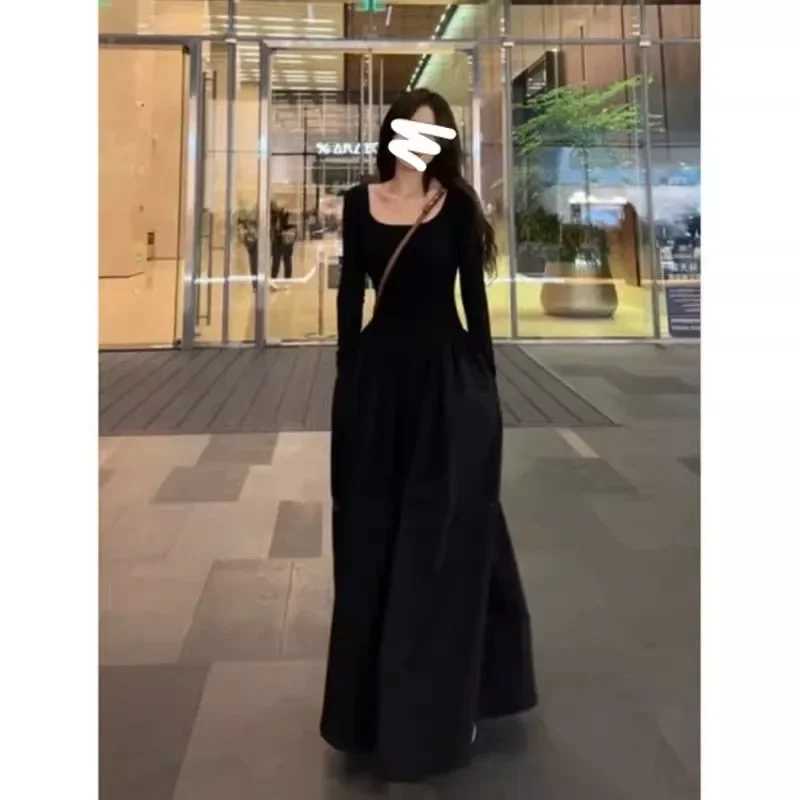 French style white square collar long Sve womens spring and autumn Ele weight loss Ele Fling waist suitable ankle dress W241210