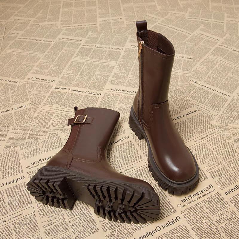 Women Boots:Spring Simple Design Versatile Soft Leather Thick Sole Fashion Slimming Boots,Black/Brown,Free shipping