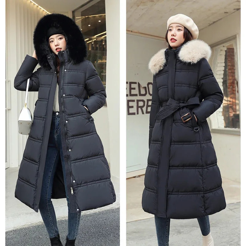 2024 Winter Down Cotton Parkas Jacket Womens XLong Faux Fur Collar Padded Thick Loose Large Size 241220