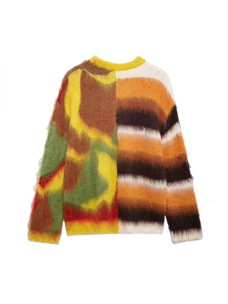 Mohair Plaid Contrast Women Sweater O Neck Full Sleeve Lady Cardigan 2024 Fashion Autumn Loose Single-breasted Female Knitwear 241225