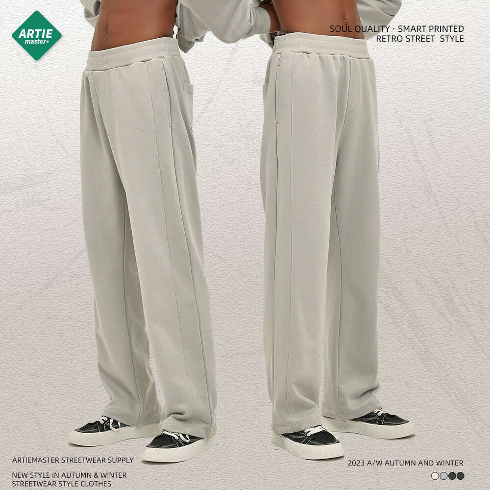 Trendy straight tube loose 350G looped men, spliced wide leg drawstring casual pants for men