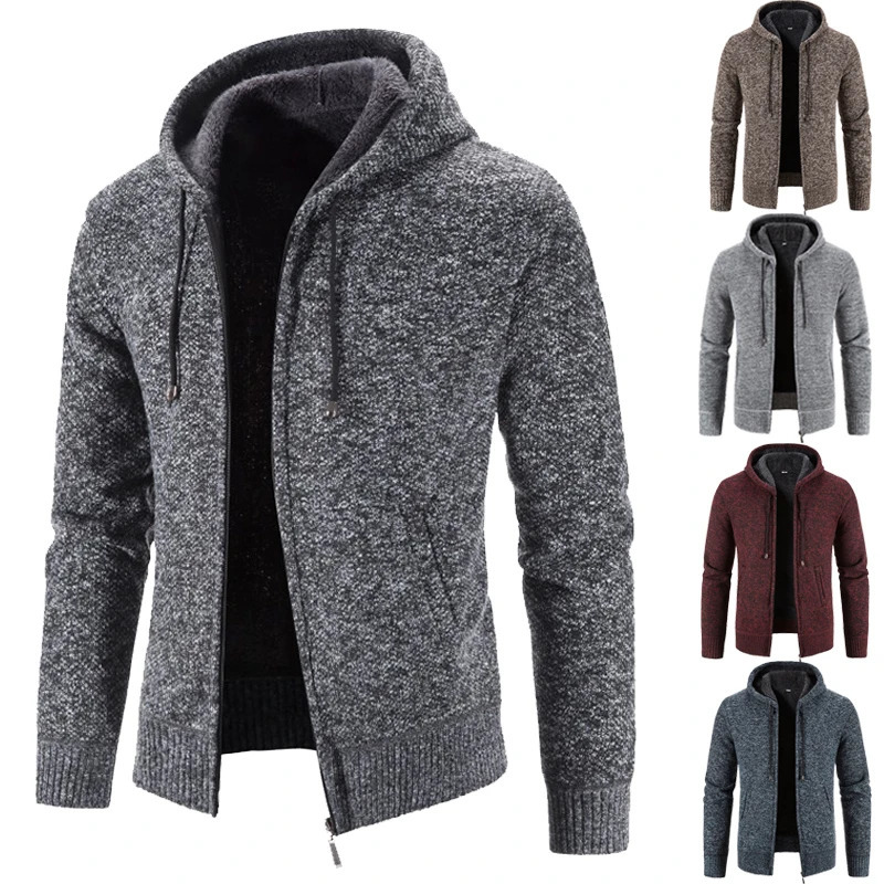autumn winter mens hooded cardigan solid color thick sweater plush casual jacket zipper fashionable mens cardigan 241205