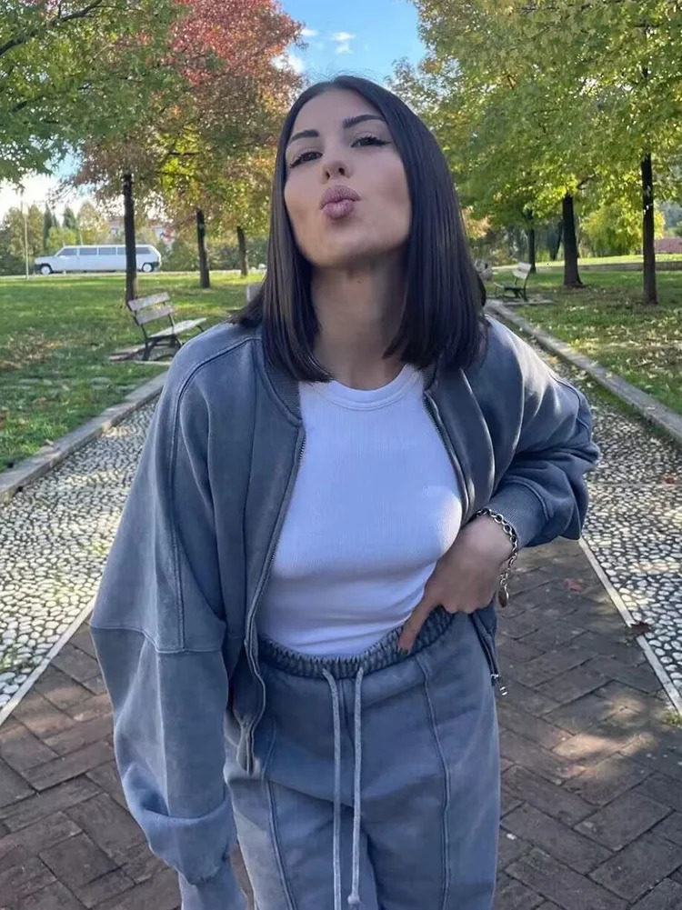 HH TRAF Bomber Jacket Pant Set For Women Casual Long Sleeve Zipper Coat Vintage Solid Sweatshirt Suit Autumn Woman Streetwear 241209