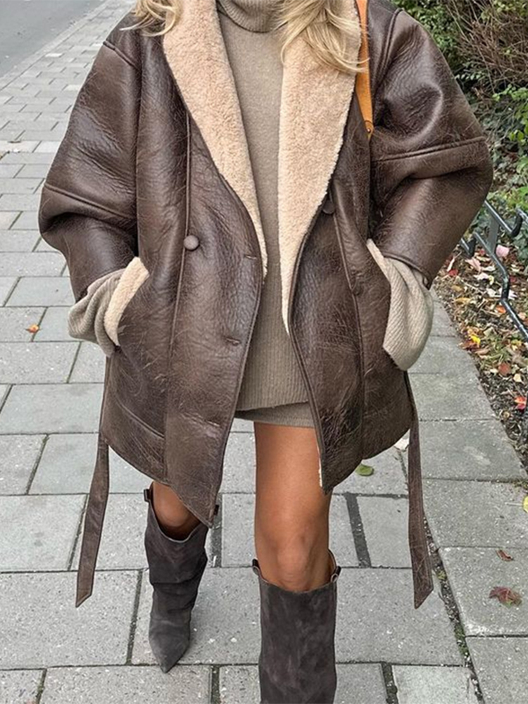 Vintage Women's Faux Leather Jackets With Belt Loose Lapel Pocket Long Sleeve Female Thick Coat Winter Lady Warm Overcoat