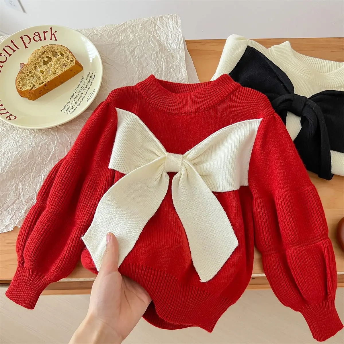 Girl Big Bow Knitted Sweater Puff Long Sleeve Autumn Winter Top Elegant Childrens Birthday Princess Knitted Clothing 241210