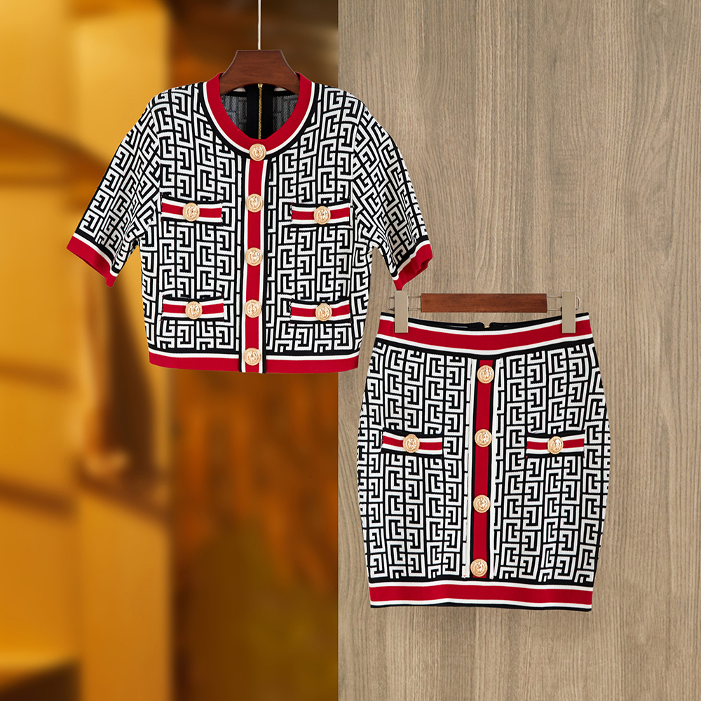 British Vintage Design Short Length Geometrical Pattern Mini Women Summer 2Pcs Skirt Sets Knitting With Shoulder Pad Top Quality